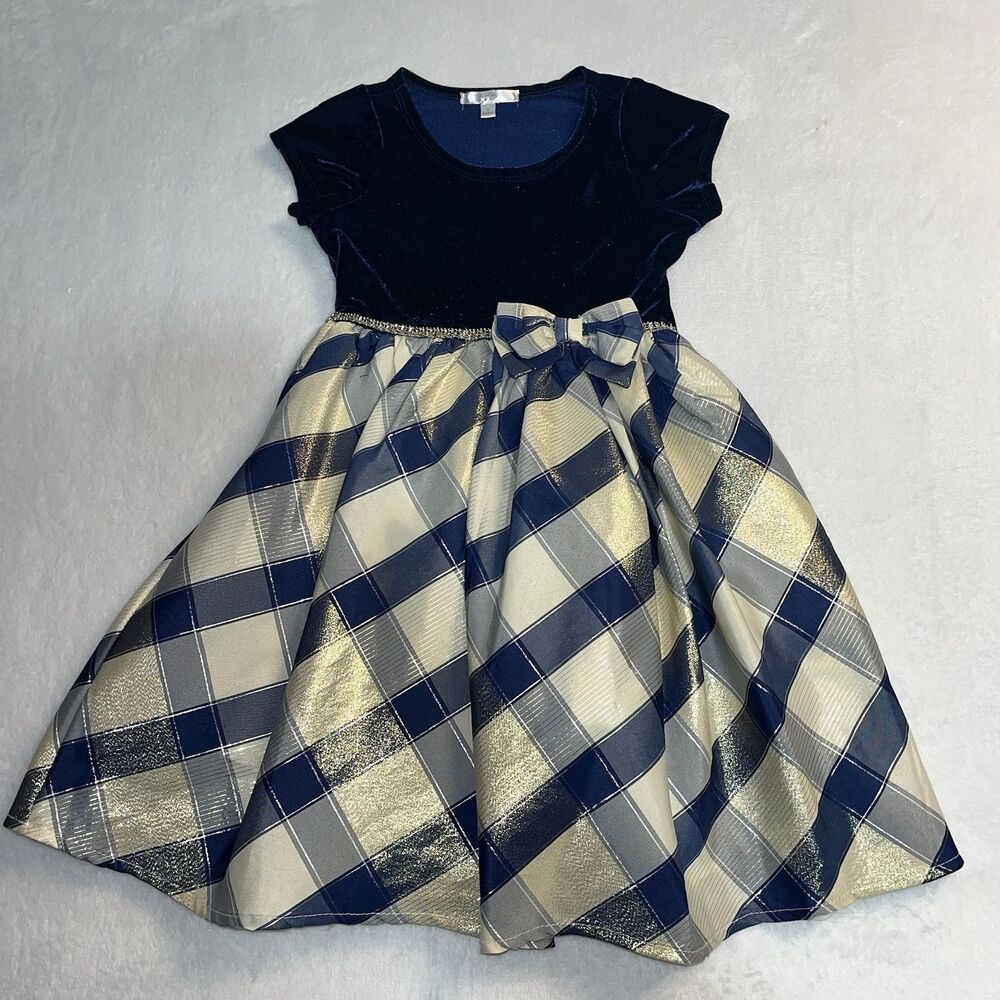 Tahara Girls Dress Size 5‎ Holiday Formal Dark Blue Velvet &Tulle Plaid Sparkles